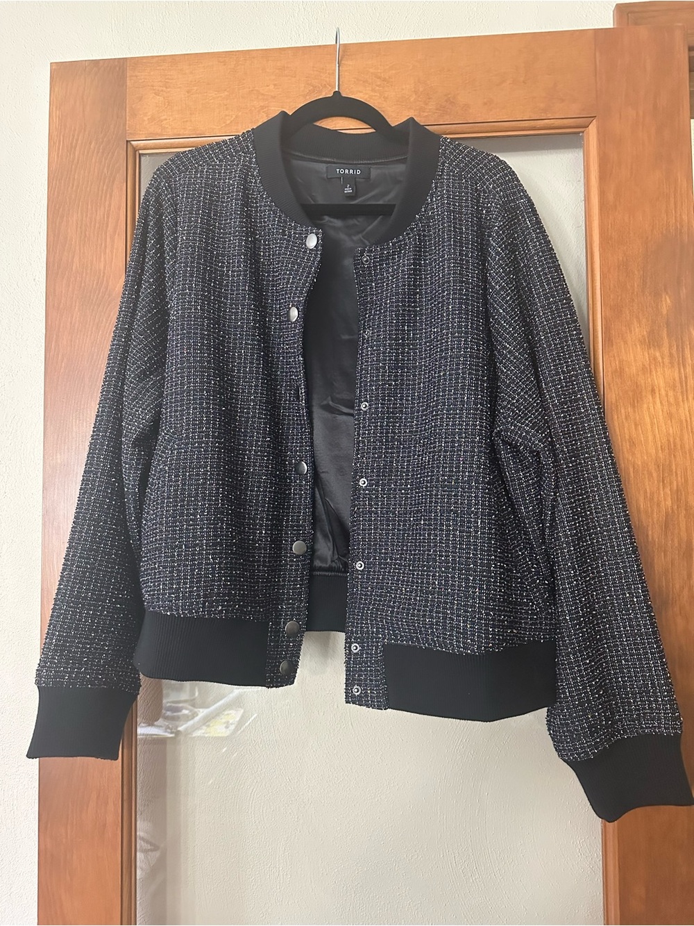 torrid Black Tweed-Style Bomber Jacket with Metallic Accent